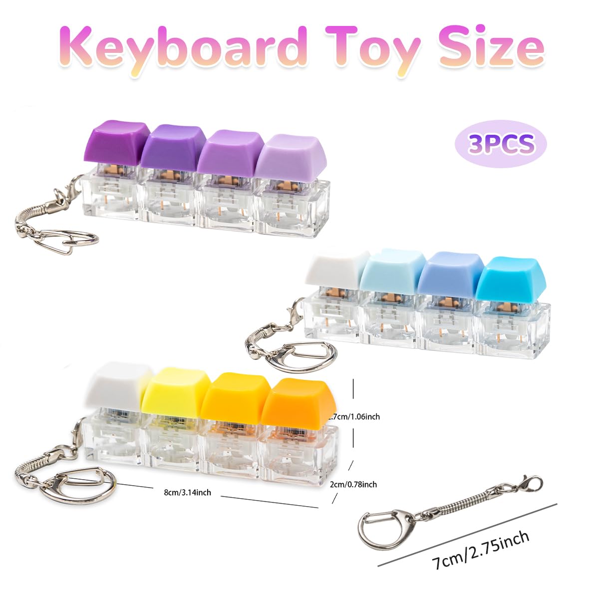 Gliging 3 Pcs Keyboard Fidget Toy – Colorful Gradient 4-in-1 Clicker Keychain for Stress Relief