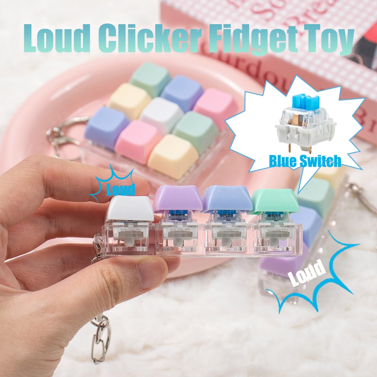 Gliging 3Pcs Keyboard Fidget Toy Set – 4-in-1 Clicker Keychains (Blue & Yellow)