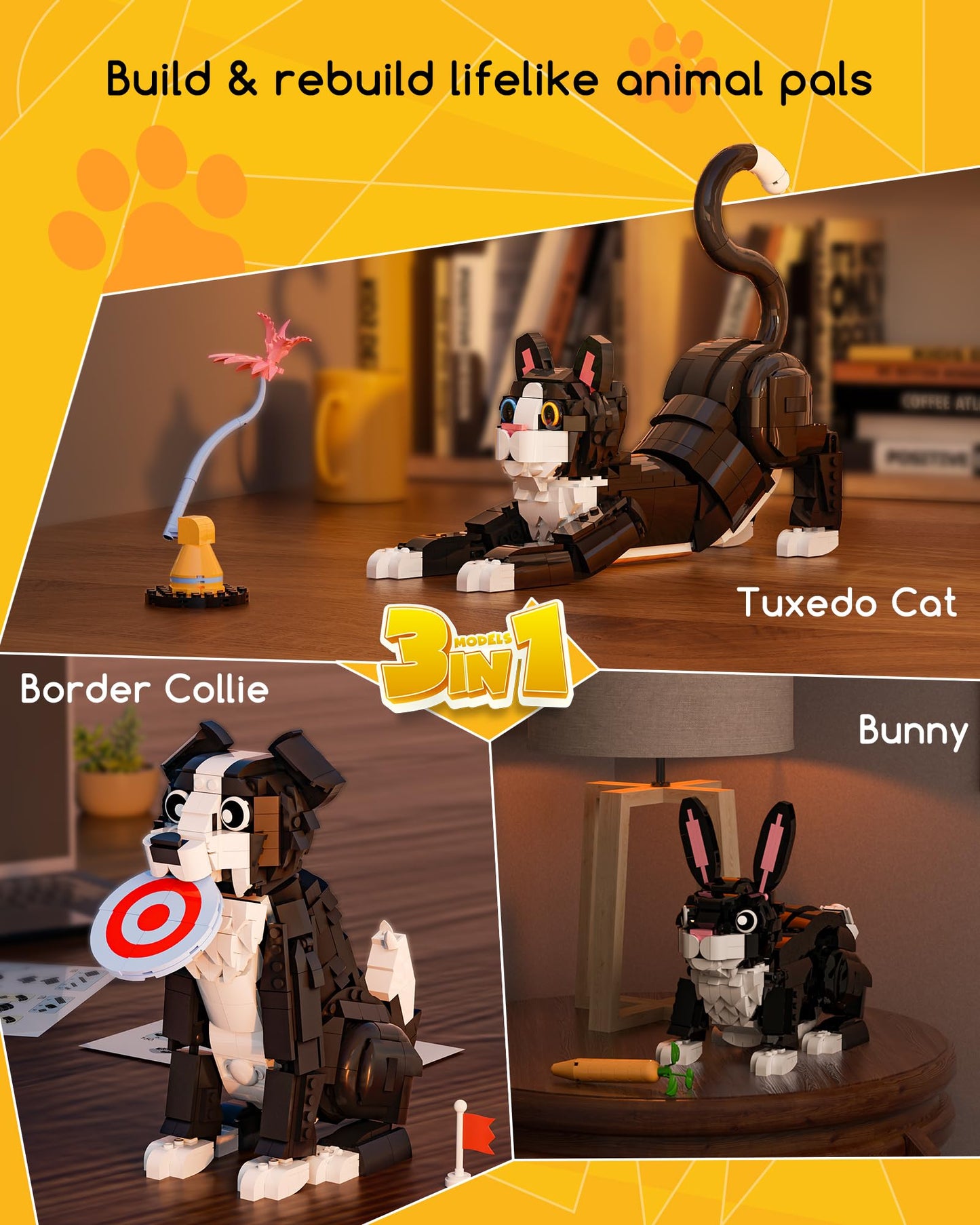 Glikid 3 in 1 Animal Tuxedo Cat Building Set – Build Cat, Dog or Rabbit