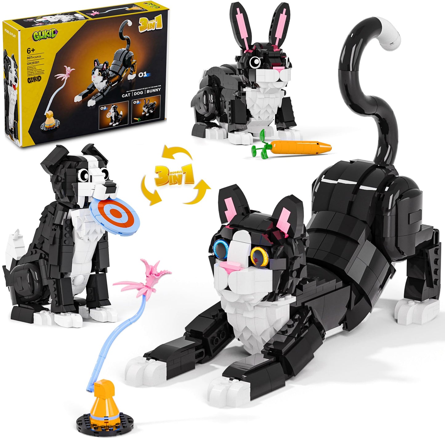 Glikid 3 in 1 Animal Tuxedo Cat Building Set – Build Cat, Dog or Rabbit