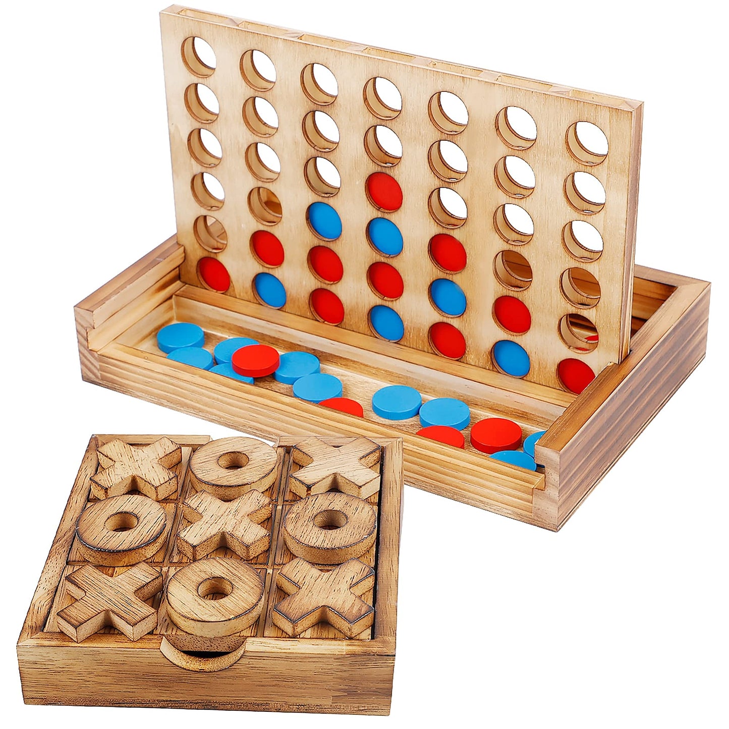 Glintoper Tic Tac Toe & Four-in-a-Row Table Game Set – Wooden Family Strategy Games