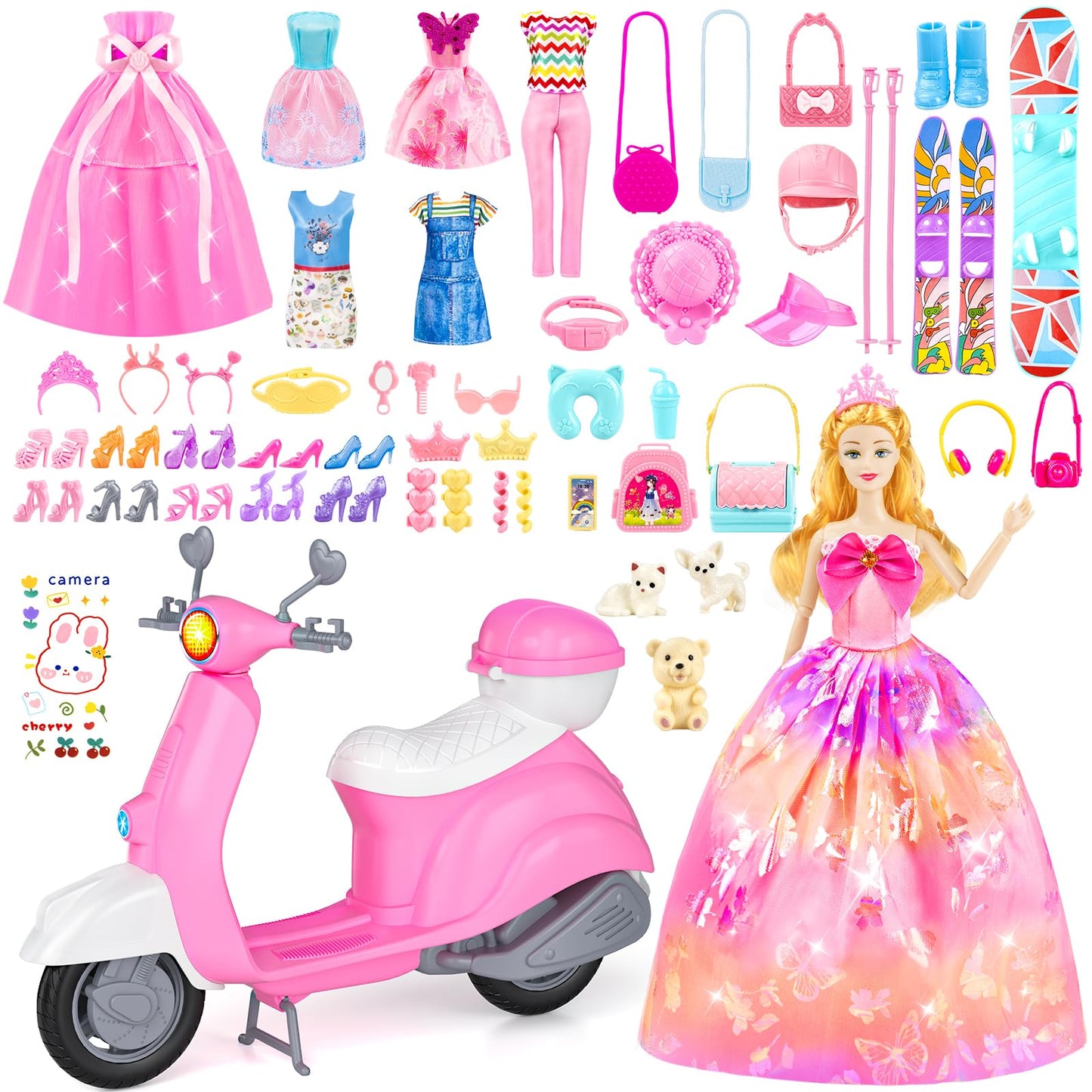 Glisiol 67Pcs Doll Clothes & Accessories Playset with Doll and Pink Scooter
