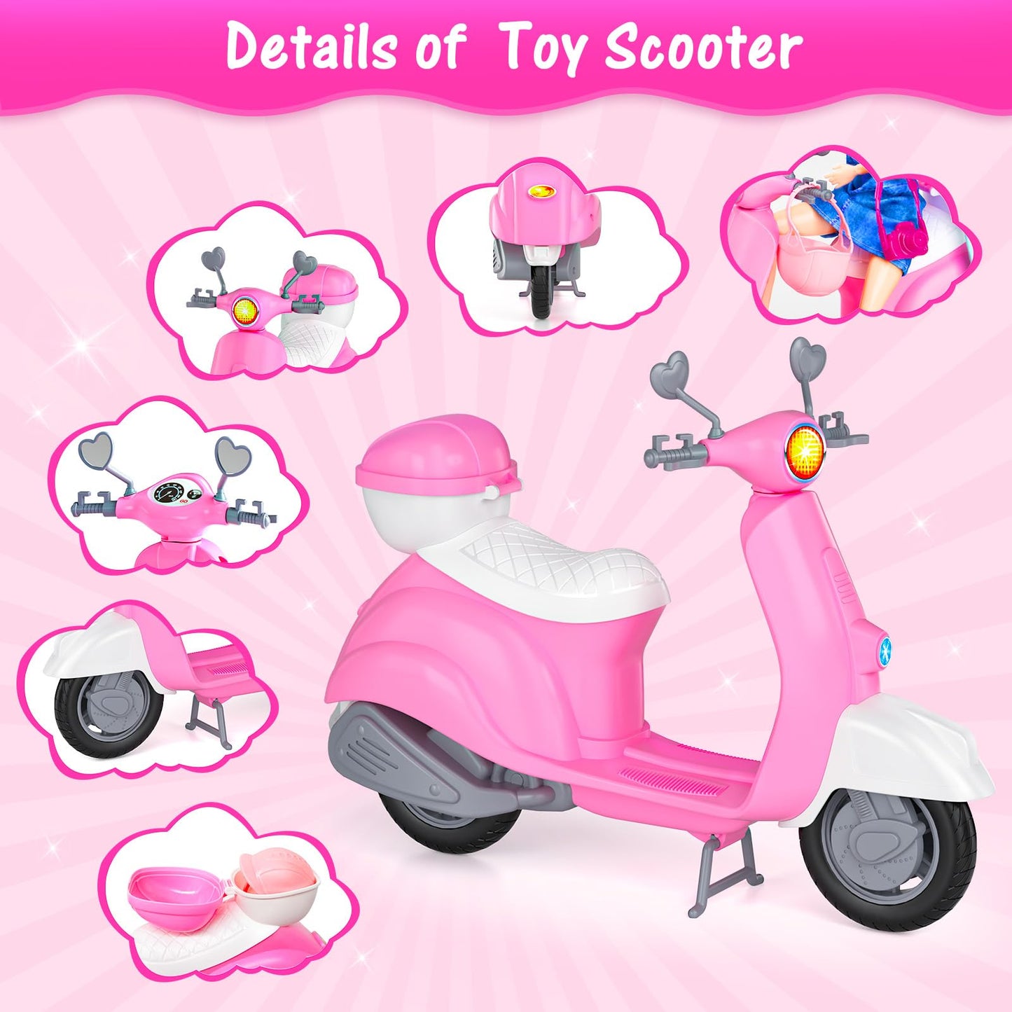 Glisiol 67Pcs Doll Clothes & Accessories Playset with Doll and Pink Scooter