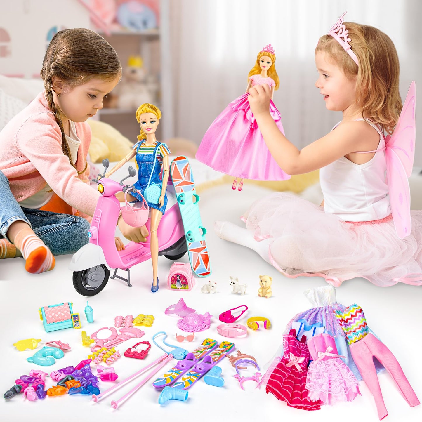Glisiol 67Pcs Doll Clothes & Accessories Playset with Doll and Pink Scooter