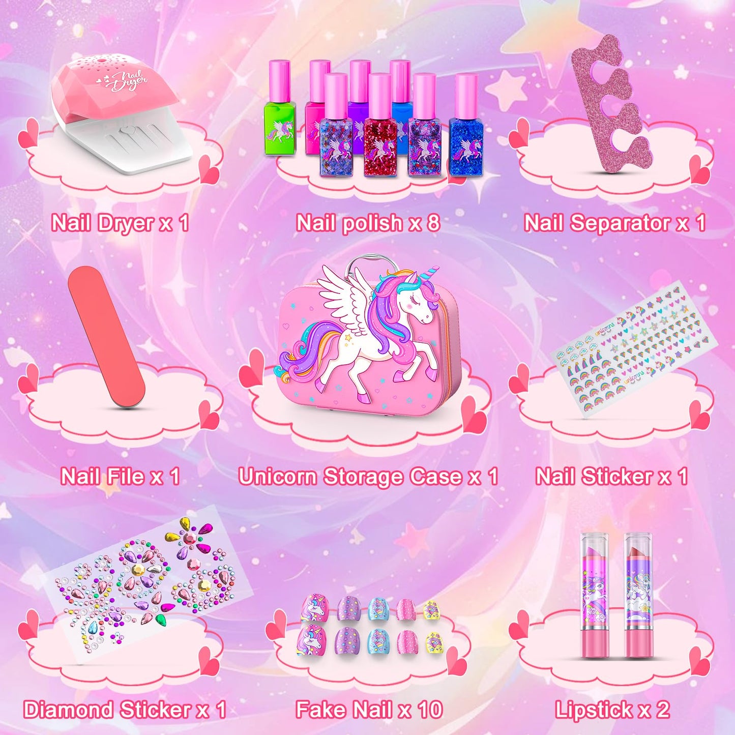 Glisiol Kids Nail Polish Set – Washable, Quick-Dry Kit with Air Dryer & Case