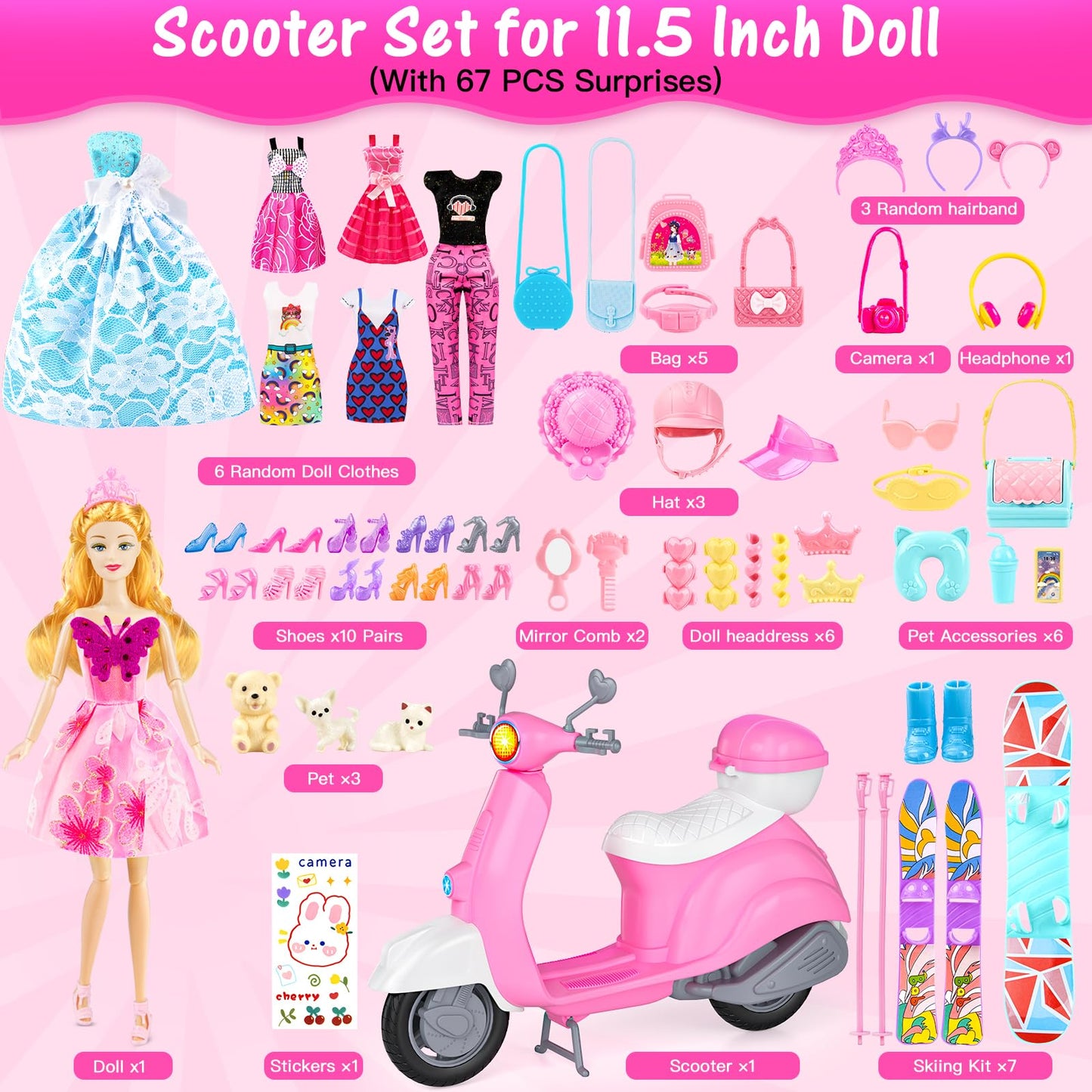 Glisiol 67Pcs Doll Clothes & Accessories Playset with Doll and Pink Scooter