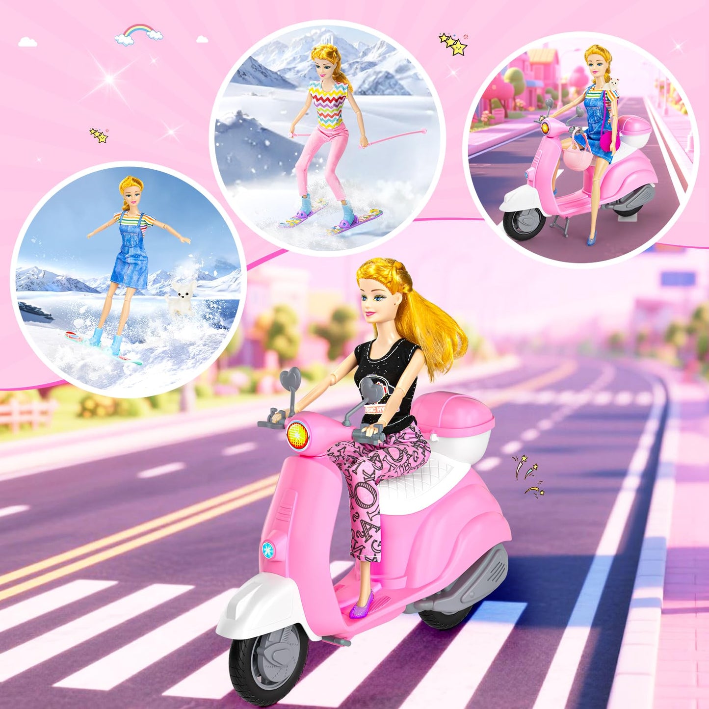 Glisiol 67Pcs Doll Clothes & Accessories Playset with Doll and Pink Scooter