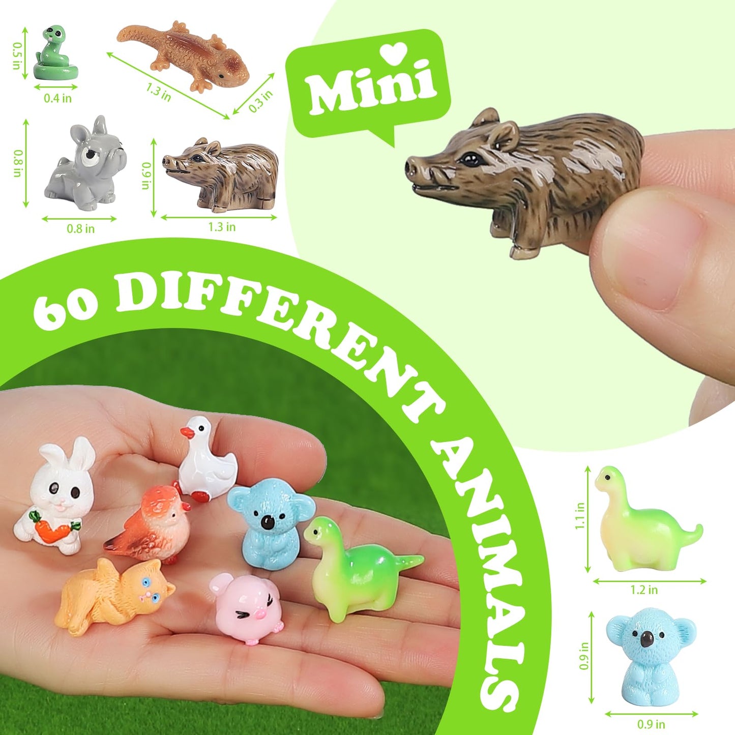 GliSun 60 Pcs Mini Resin Animals — 60 Styles Tiny Figurines for Dollhouse, Fairy Garden & Slime Charms