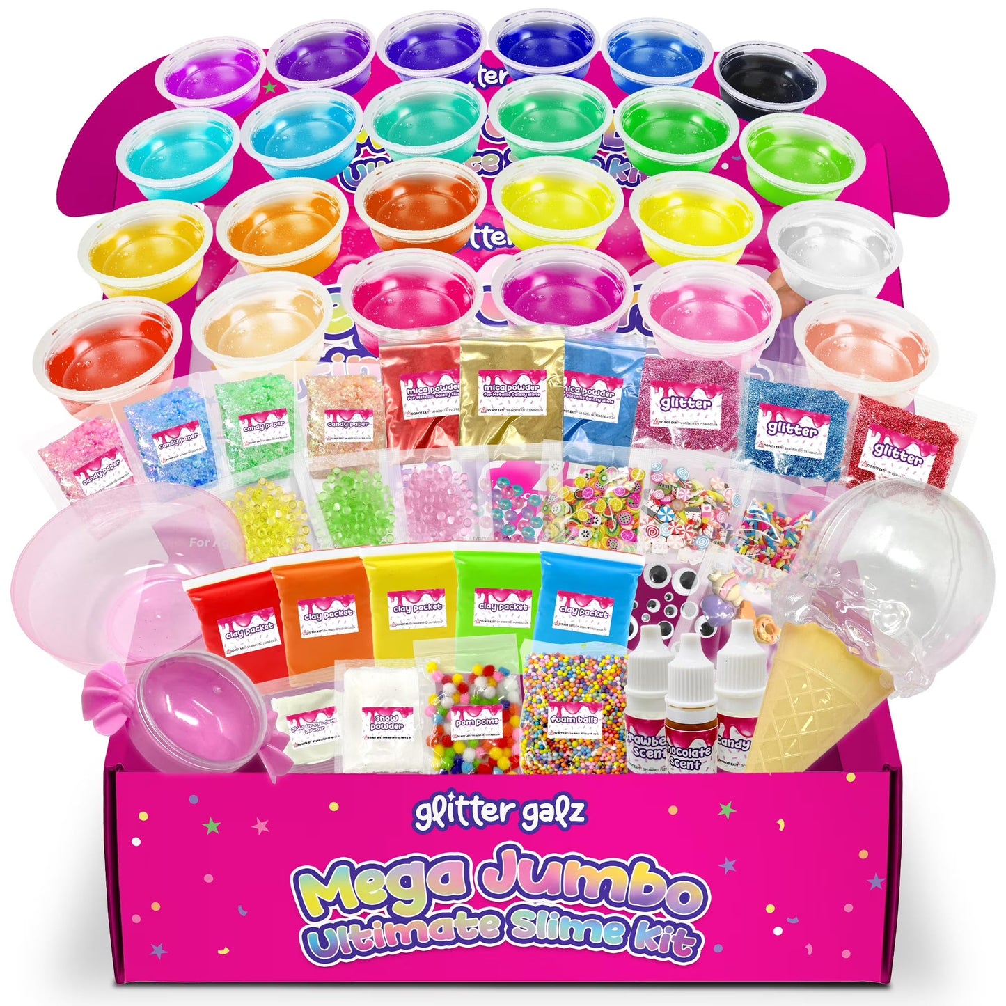 Glitter Galz 75 PCS Ultimate Slime Kit – Jumbo 36-Color Premade Slime with 39 DIY Add-ins, Glow-in-the-Dark & Butter Slime