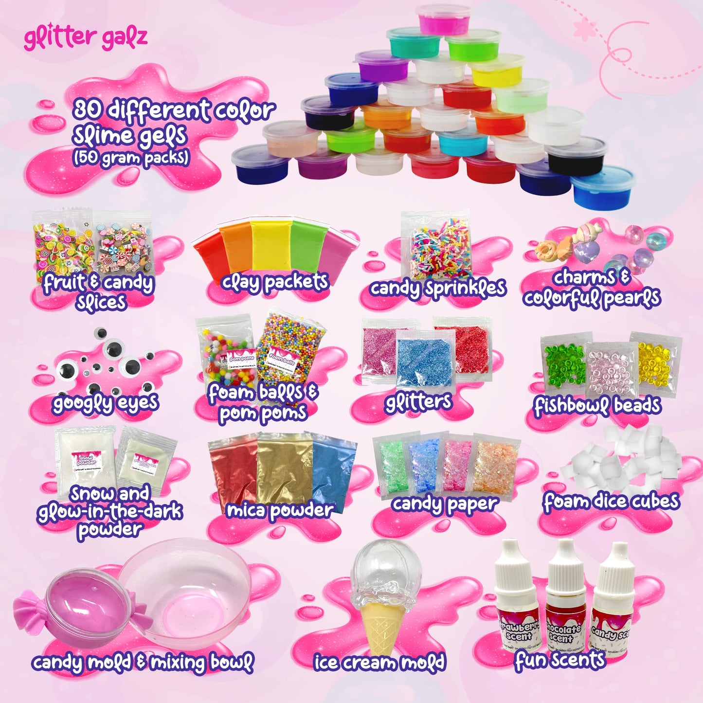 Glitter Galz 75 PCS Ultimate Slime Kit – Jumbo 36-Color Premade Slime with 39 DIY Add-ins, Glow-in-the-Dark & Butter Slime