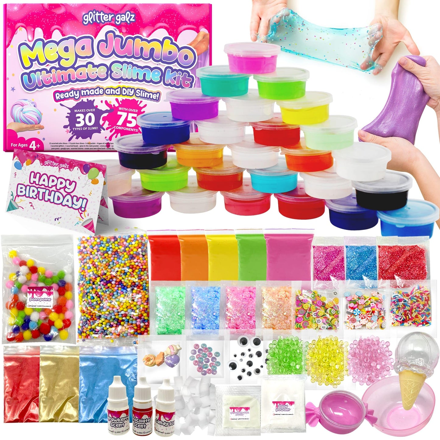 Glitter Galz 75 PCS Ultimate Slime Kit – Jumbo 36-Color Premade Slime with 39 DIY Add-ins, Glow-in-the-Dark & Butter Slime
