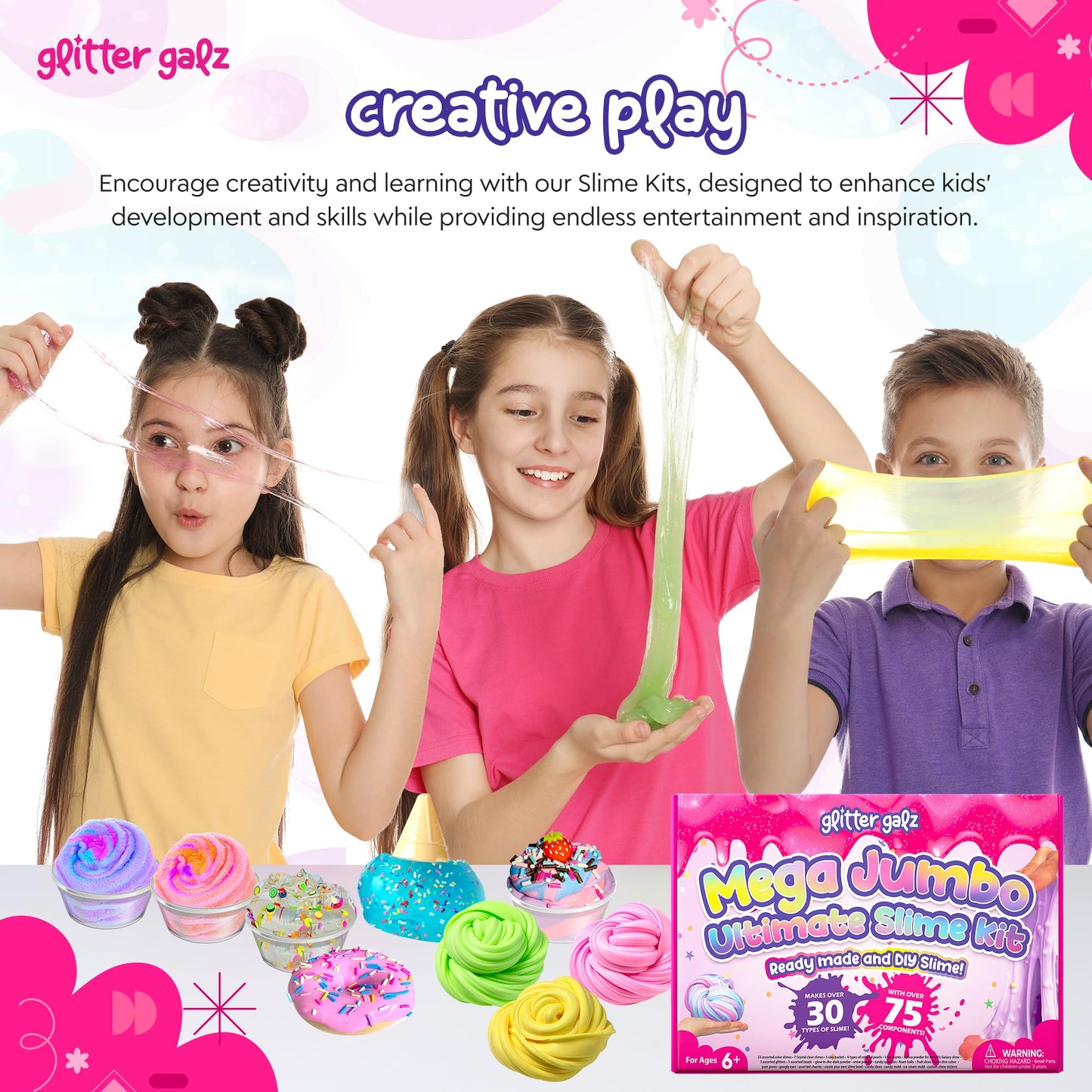 Glitter Galz 75 PCS Ultimate Slime Kit – Jumbo 36-Color Premade Slime with 39 DIY Add-ins, Glow-in-the-Dark & Butter Slime