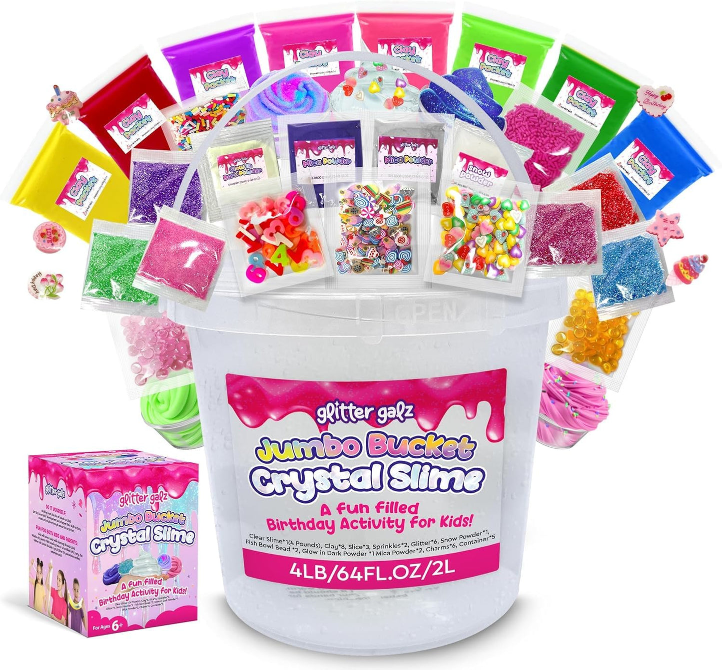 Glitter Galz 4 lb Huge Clear Slime Bucket – Premade Crystal Slime Kit with 39 Add-Ins