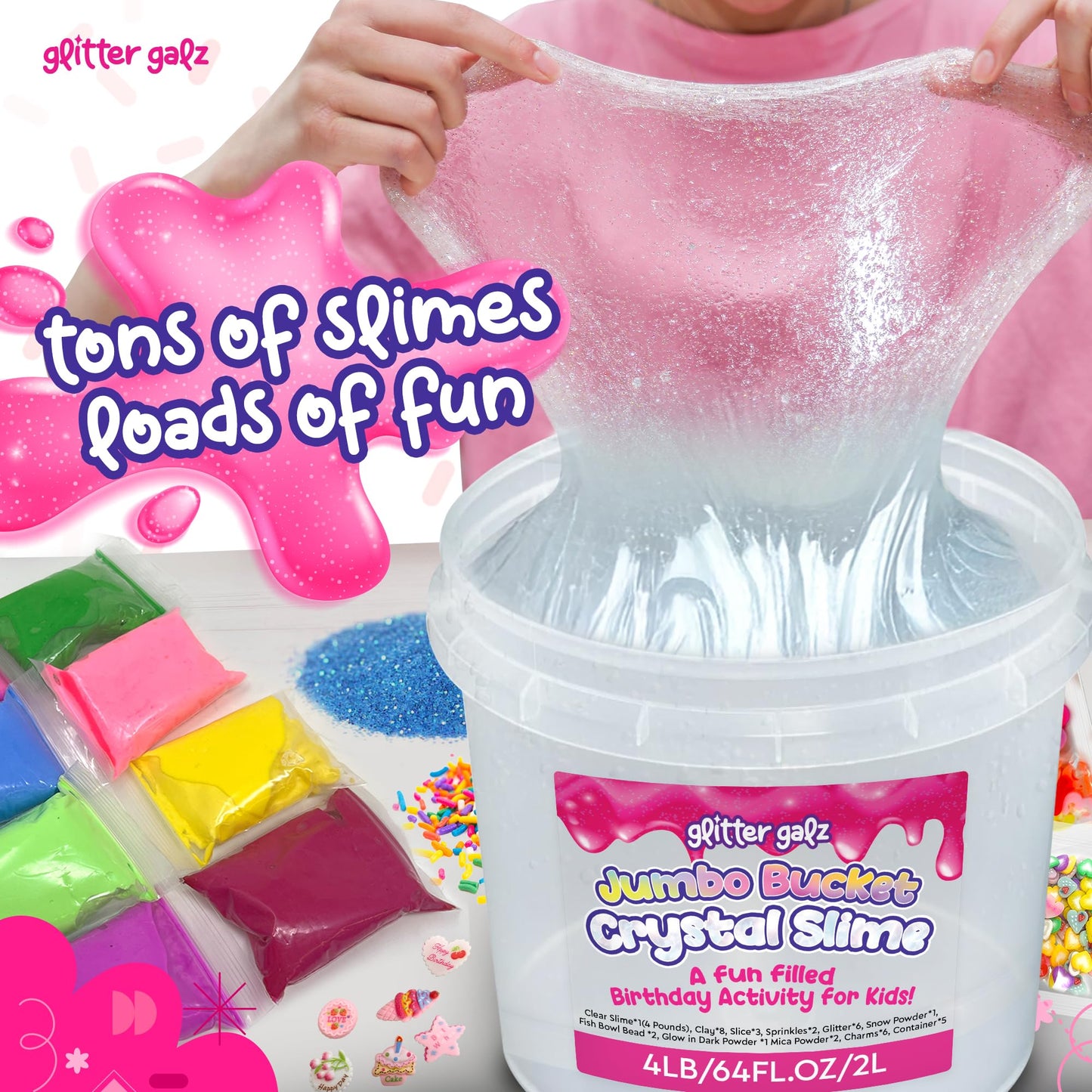 Glitter Galz 4 lb Huge Clear Slime Bucket – Premade Crystal Slime Kit with 39 Add-Ins