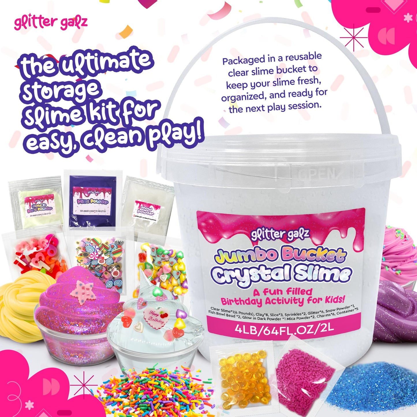 Glitter Galz 4 lb Huge Clear Slime Bucket – Premade Crystal Slime Kit with 39 Add-Ins