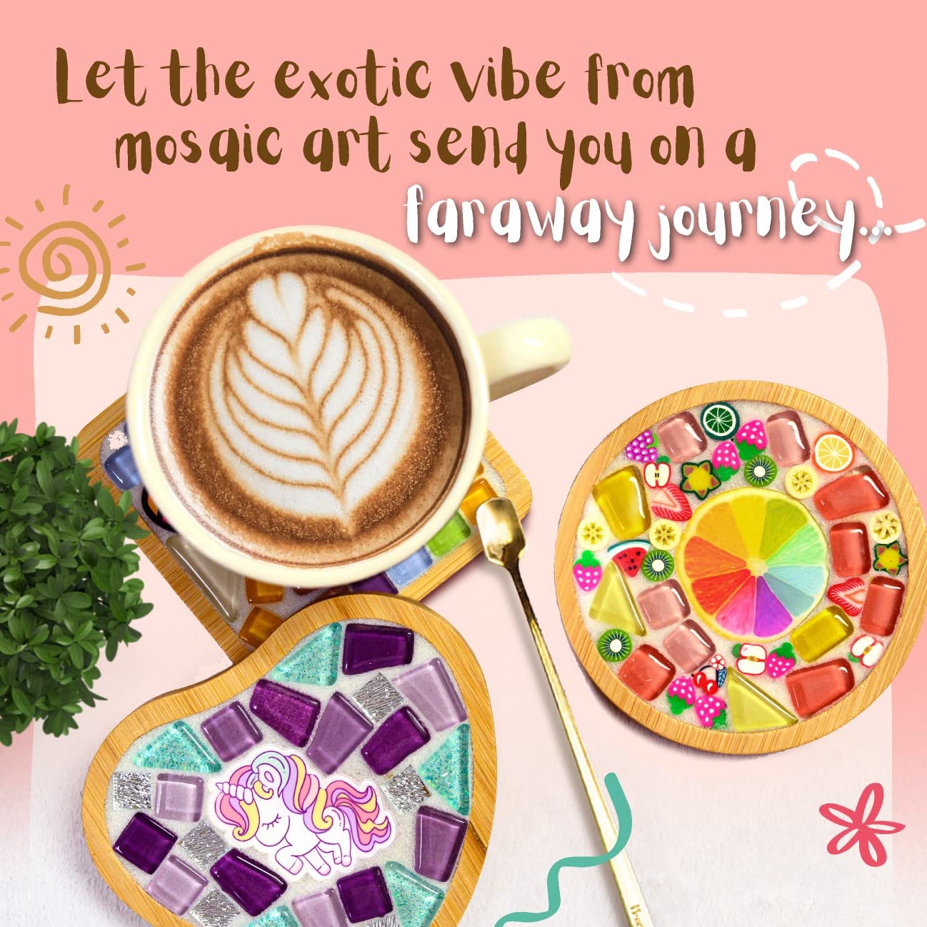 Glittery Garden Mosaic Craft Kit - Unicorn & Rainbow Coaster DIY Set