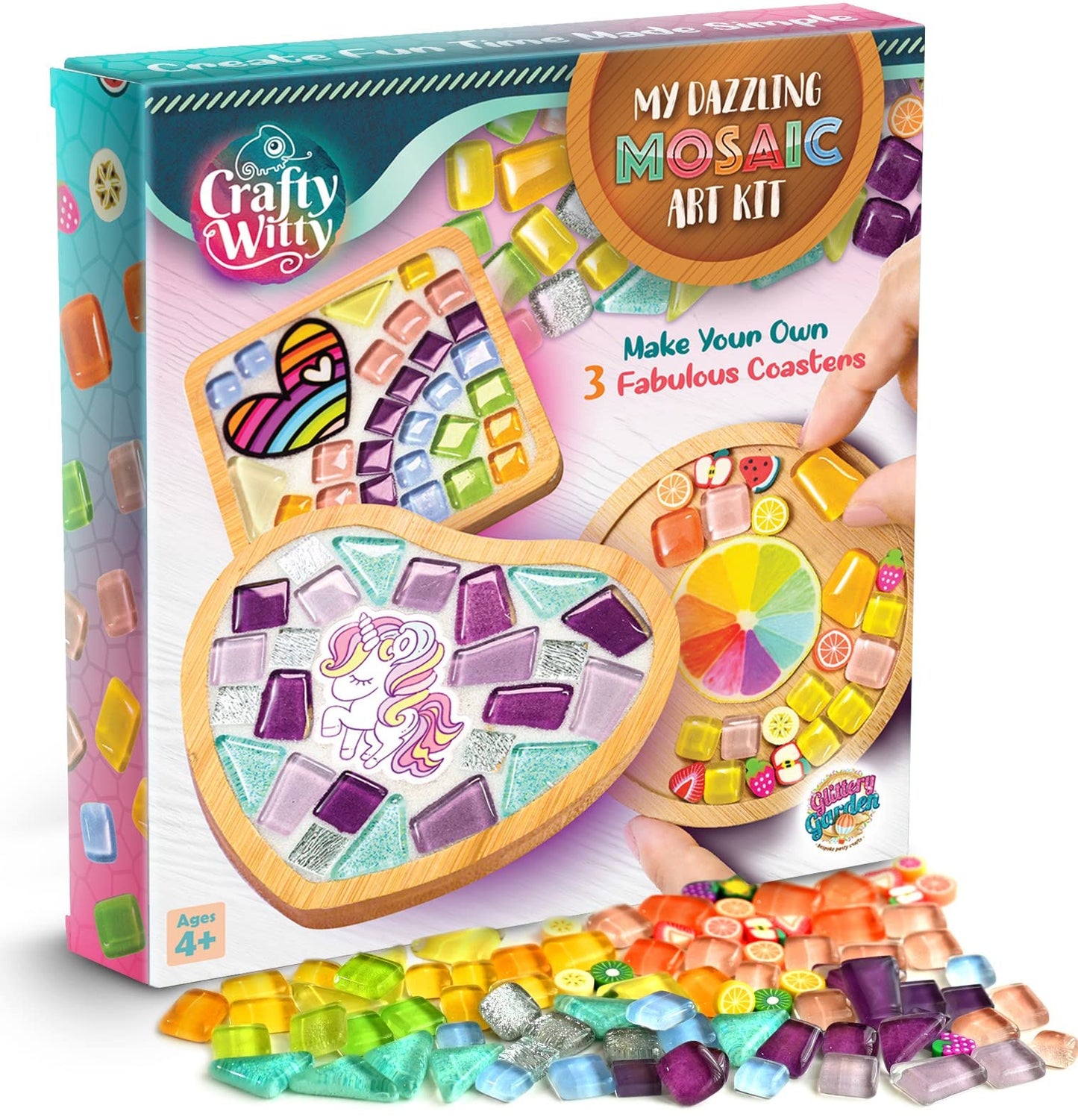 Glittery Garden Mosaic Craft Kit - Unicorn & Rainbow Coaster DIY Set
