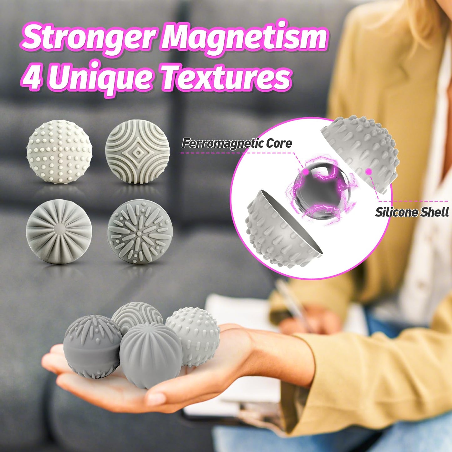 GLMZZ Weighted Magnetic Fidget Balls – 4 Silicone Stress Relief Balls with Case