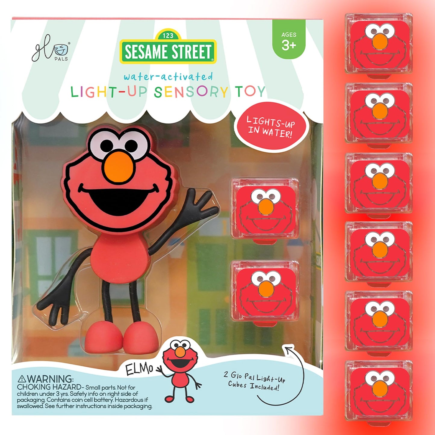 Glo Pals x Sesame Street: Elmo Water-Activated Light-Up Cubes for Sensory Bath Play