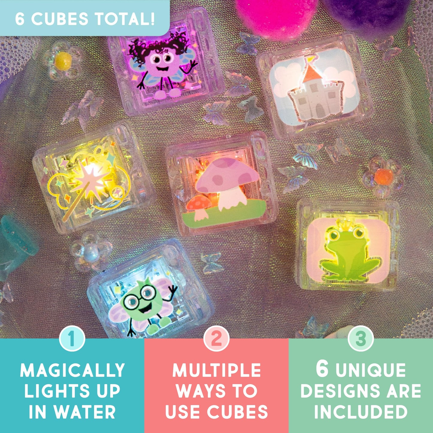 Glo Pals Water-Activated Light-Up Bath Cubes – 6-Design Sensory Gift Set (Valentine)