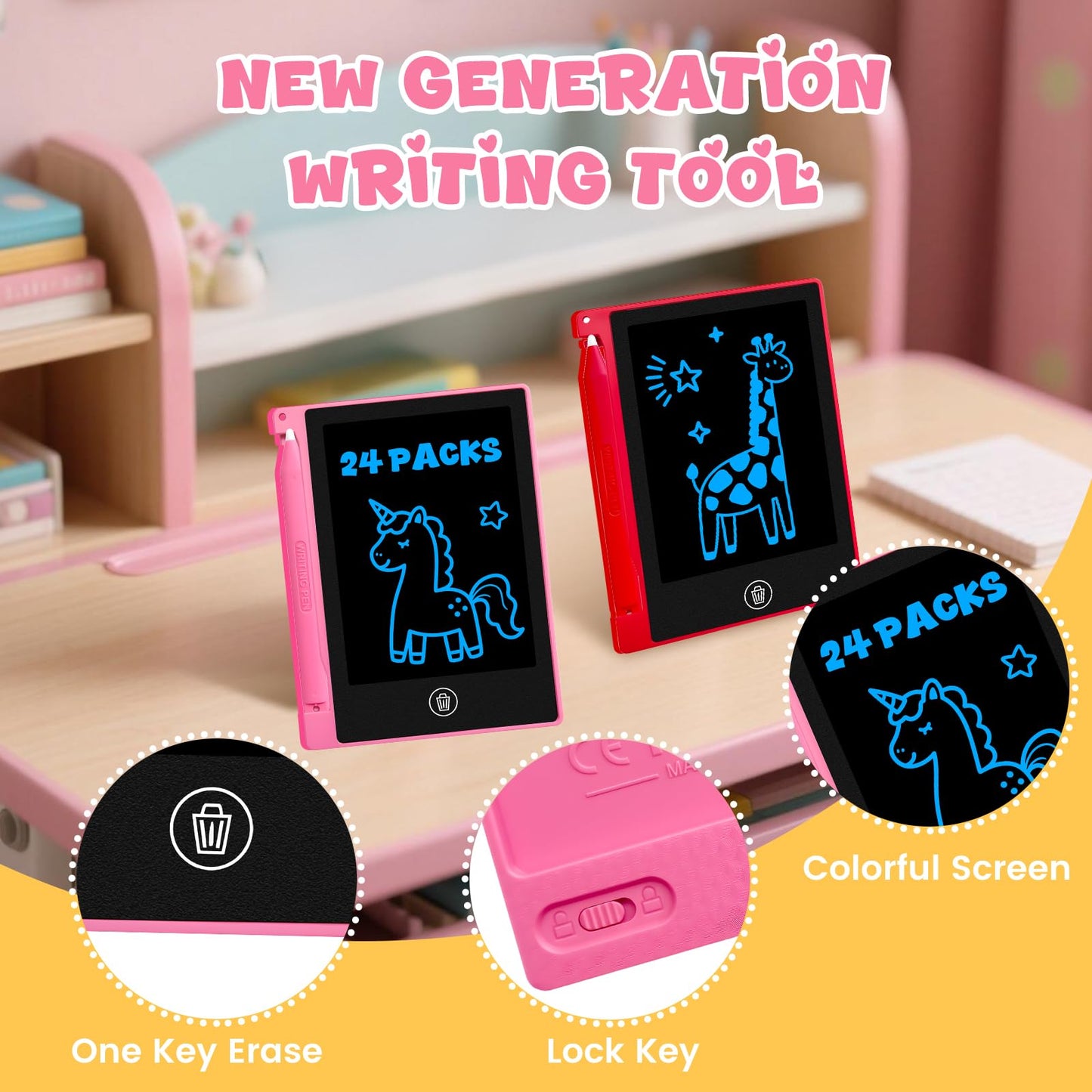 Glochin 24-Pack 4.4-Inch Mini LCD Writing Tablets for Kids – Erasable & Reusable Doodle Boards