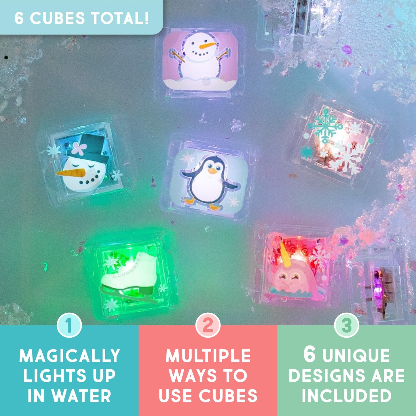 Glo Pals Water-Activated Light-Up Bath Cubes – 6 Reusable Sensory Toys (Winter & Valentine Gift)