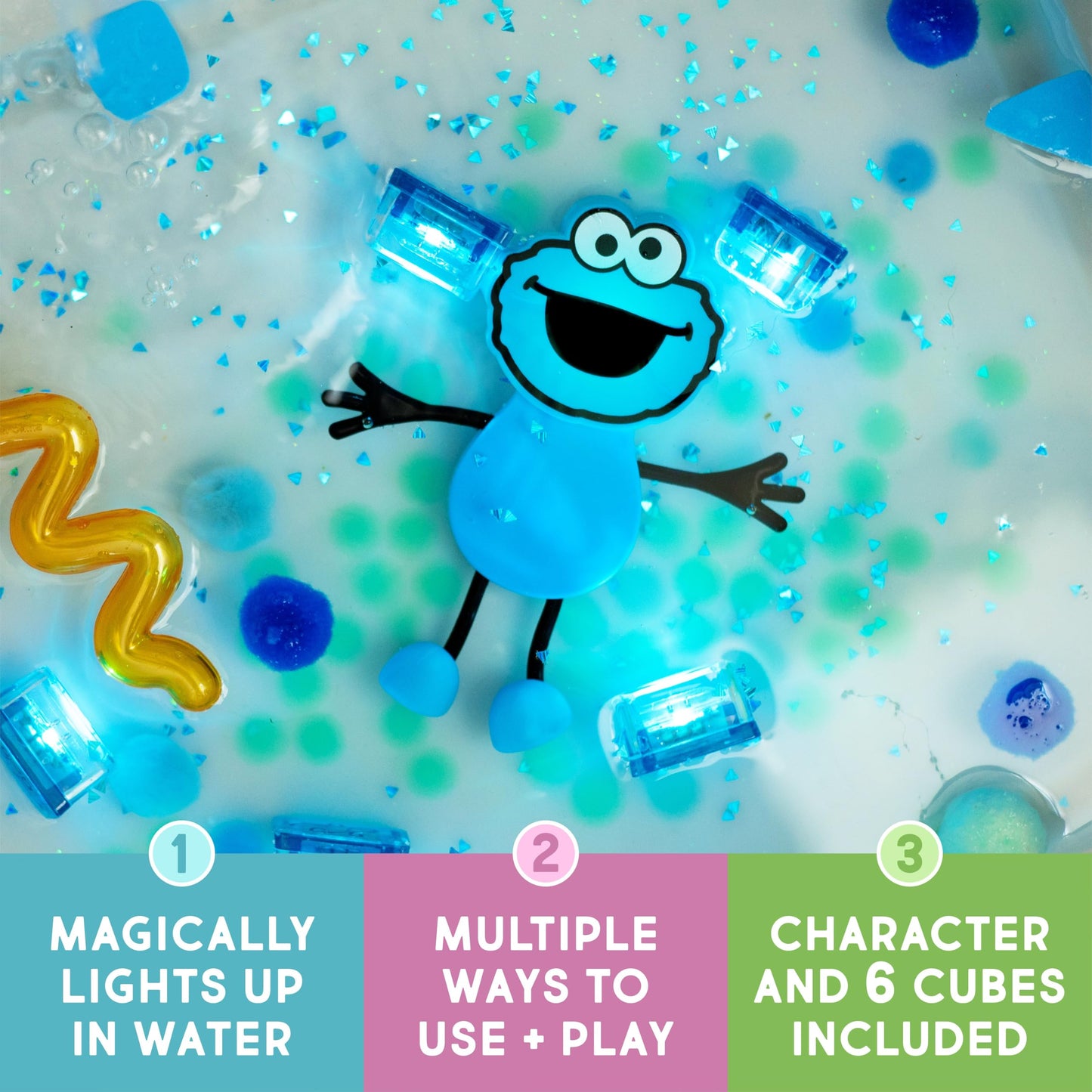 Glo Pals x Sesame Street Julia Water-Activated Light-Up Cubes for Sensory Bath Play
