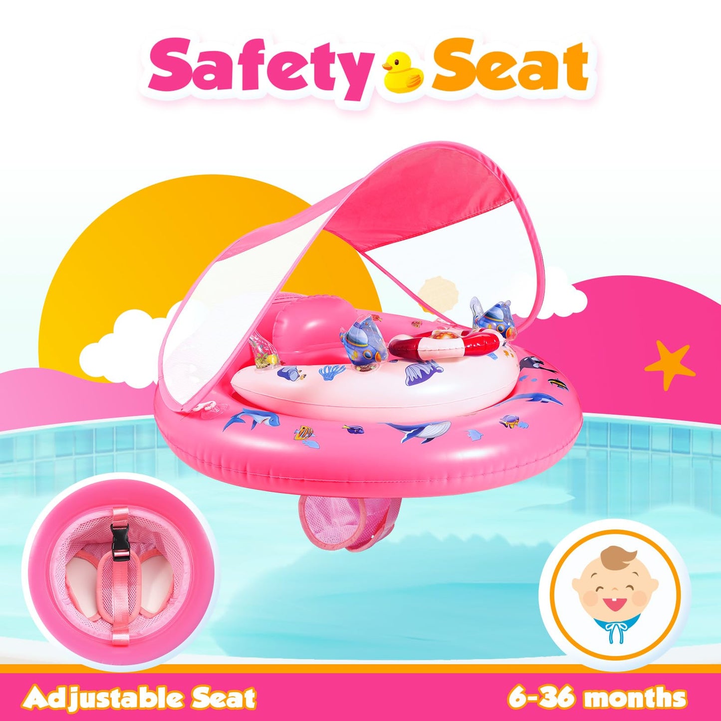 GLOPUS Baby Pool Float with Canopy – UPF50+ Sun Protection for 6–36 Months
