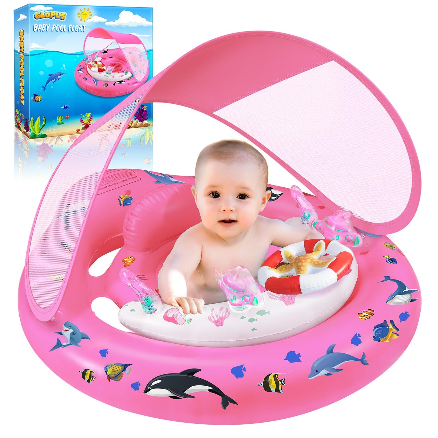 GLOPUS Baby Pool Float with Canopy – UPF50+ Sun Protection for 6–36 Months