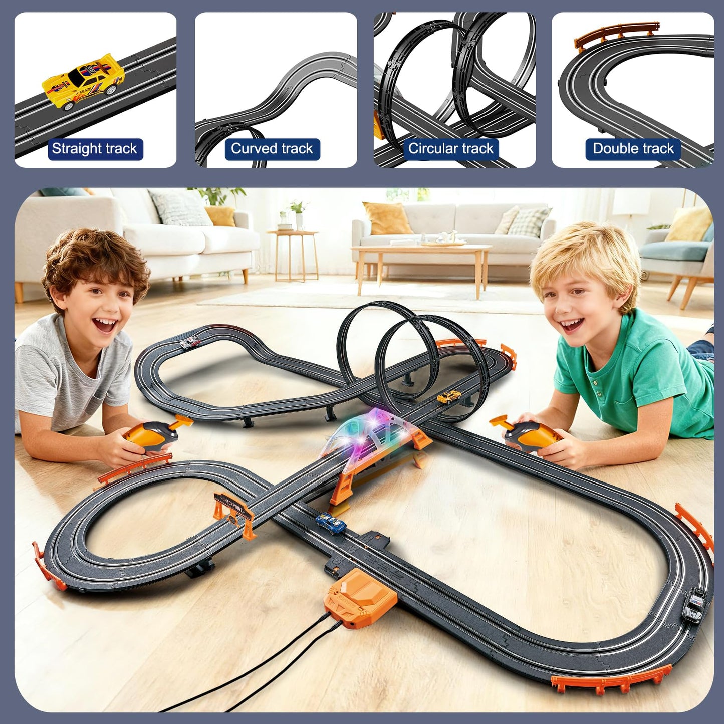 Glorryearst Slot Car Racing Track – Dual Power, LED Flash Bridge & Pendulum, Gift for Kids 7–12