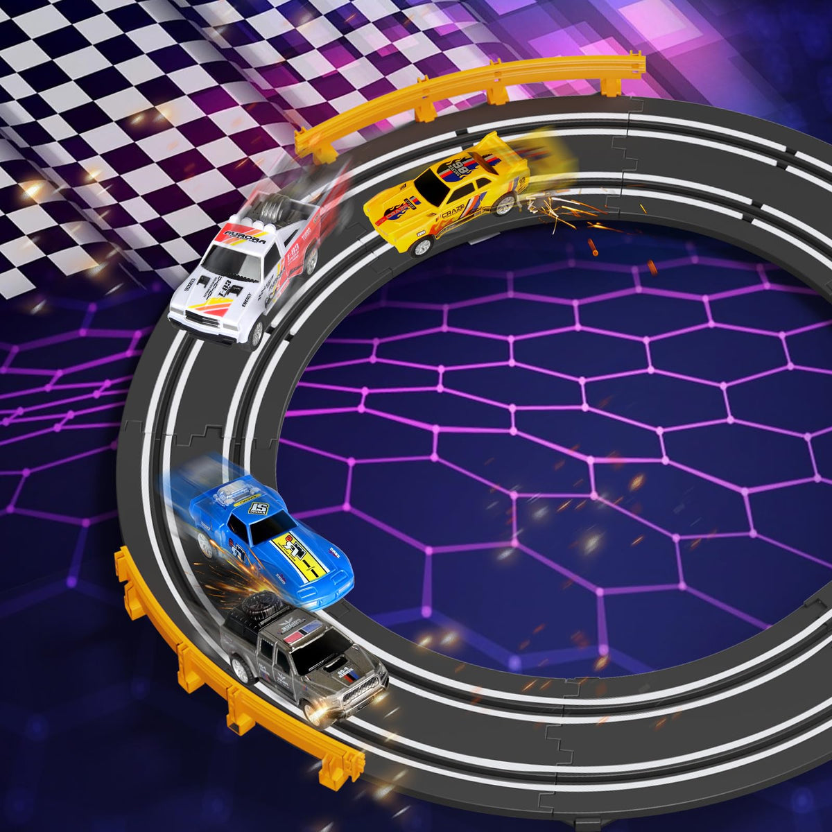 Glorryearst Slot Car Racing Track – Dual Power, LED Flash Bridge & Pendulum, Gift for Kids 7–12