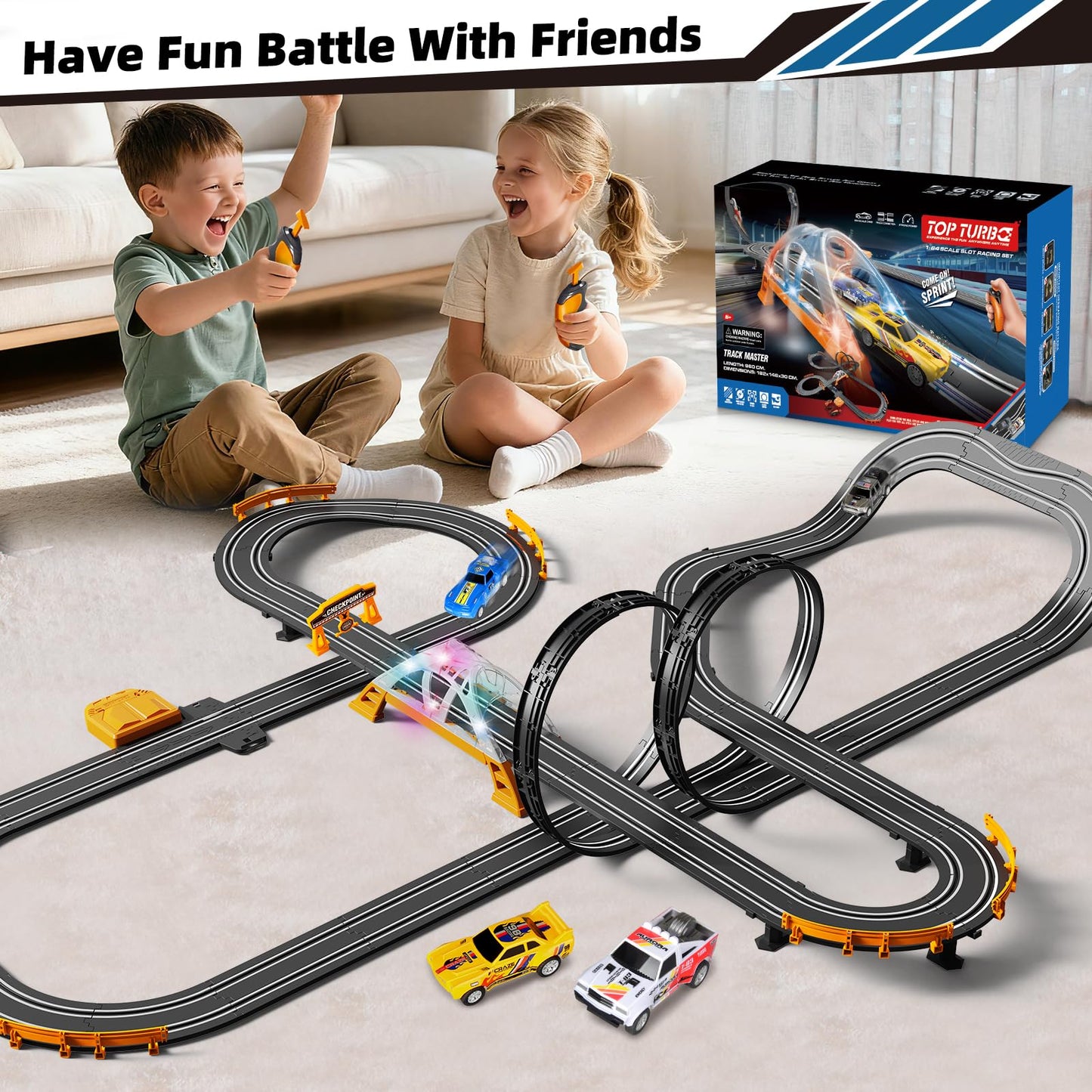 Glorryearst Slot Car Racing Track – Dual Power, LED Flash Bridge & Pendulum, Gift for Kids 7–12