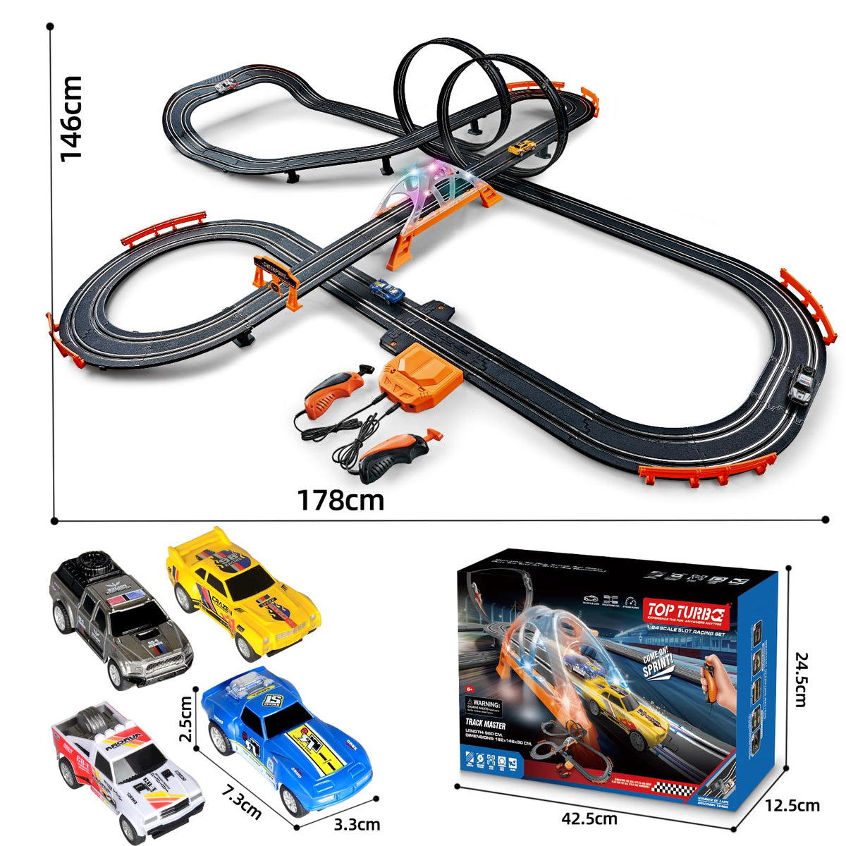 Glorryearst Slot Car Racing Track – Dual Power, LED Flash Bridge & Pendulum, Gift for Kids 7–12