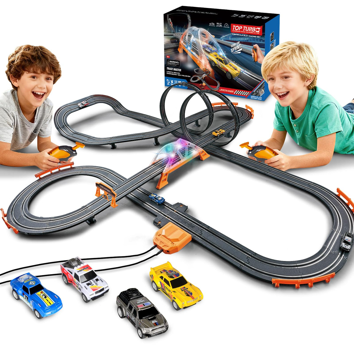 Glorryearst Slot Car Racing Track – Dual Power, LED Flash Bridge & Pendulum, Gift for Kids 7–12