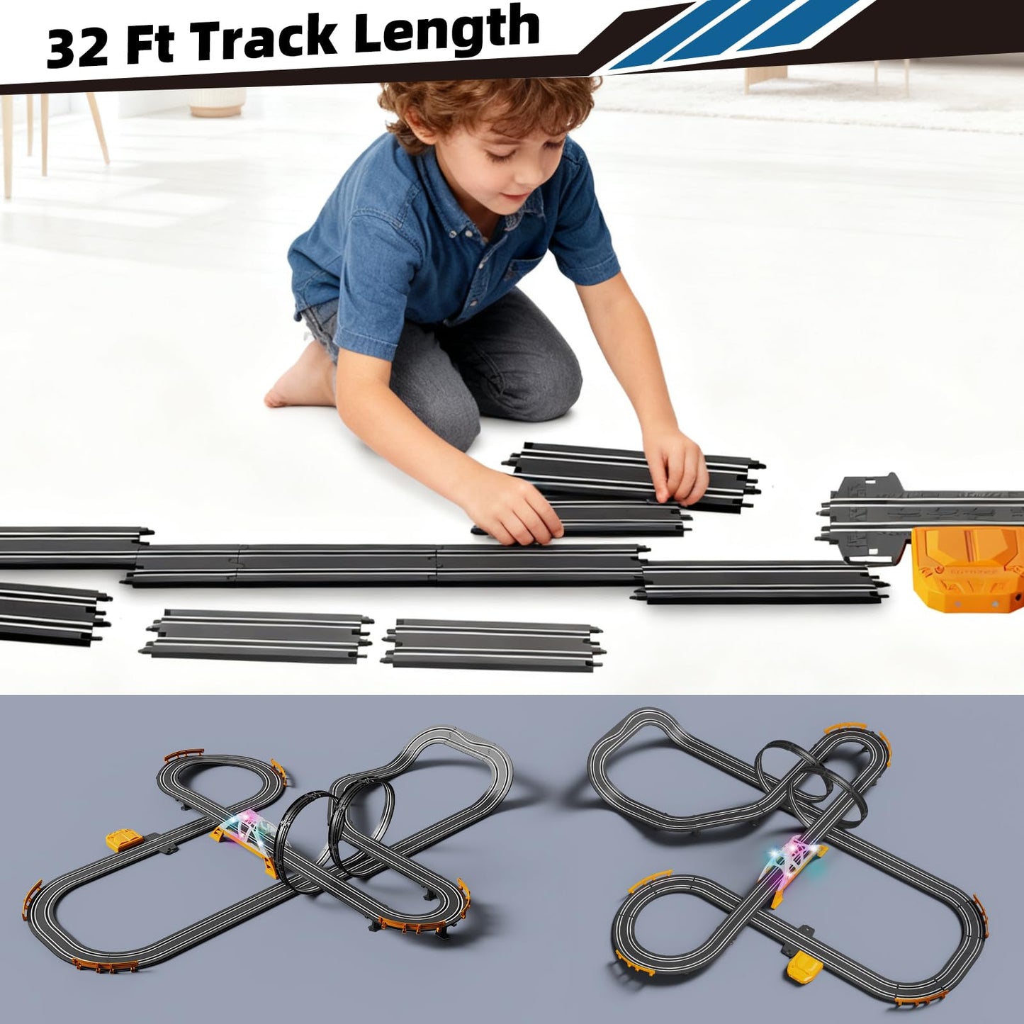 Glorryearst Slot Car Racing Track – Dual Power, LED Flash Bridge & Pendulum, Gift for Kids 7–12