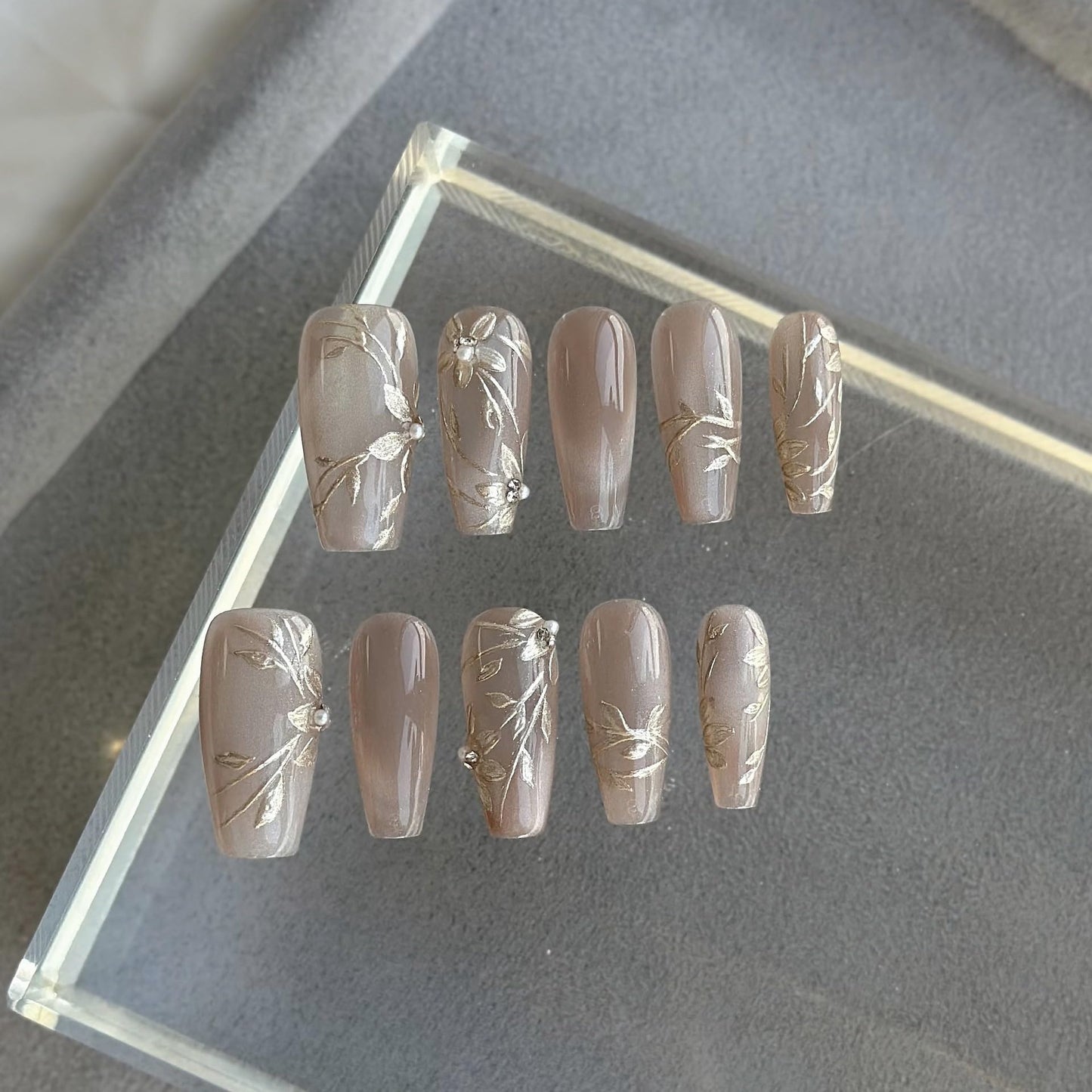 GLORS Nude Press-on Nails – Long Ballerina with Gold Floral & Pearl Accents, 10 Pcs (Small)