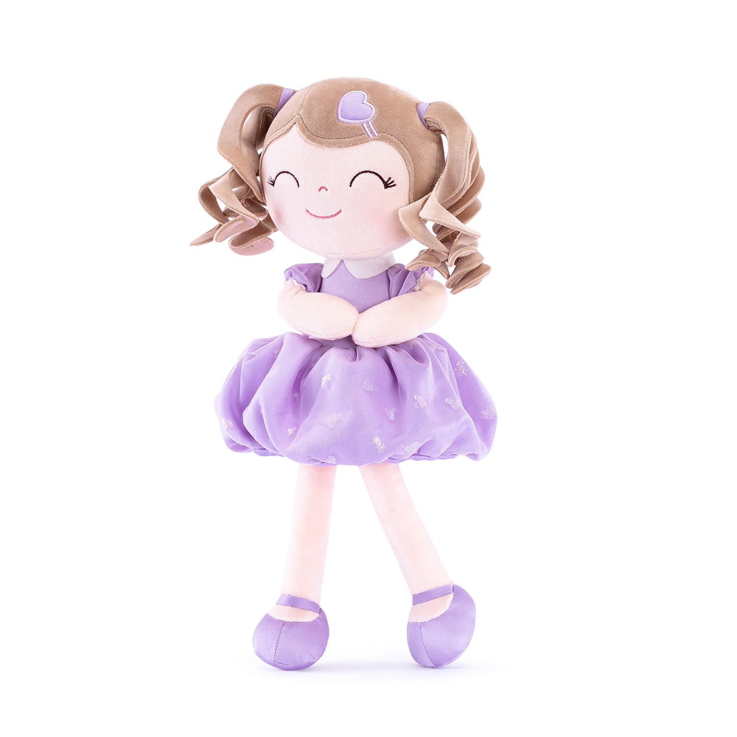 Gloveleya Baby Doll Plush – Curly Hair Girl Toy with Purple Dress (16-inch)