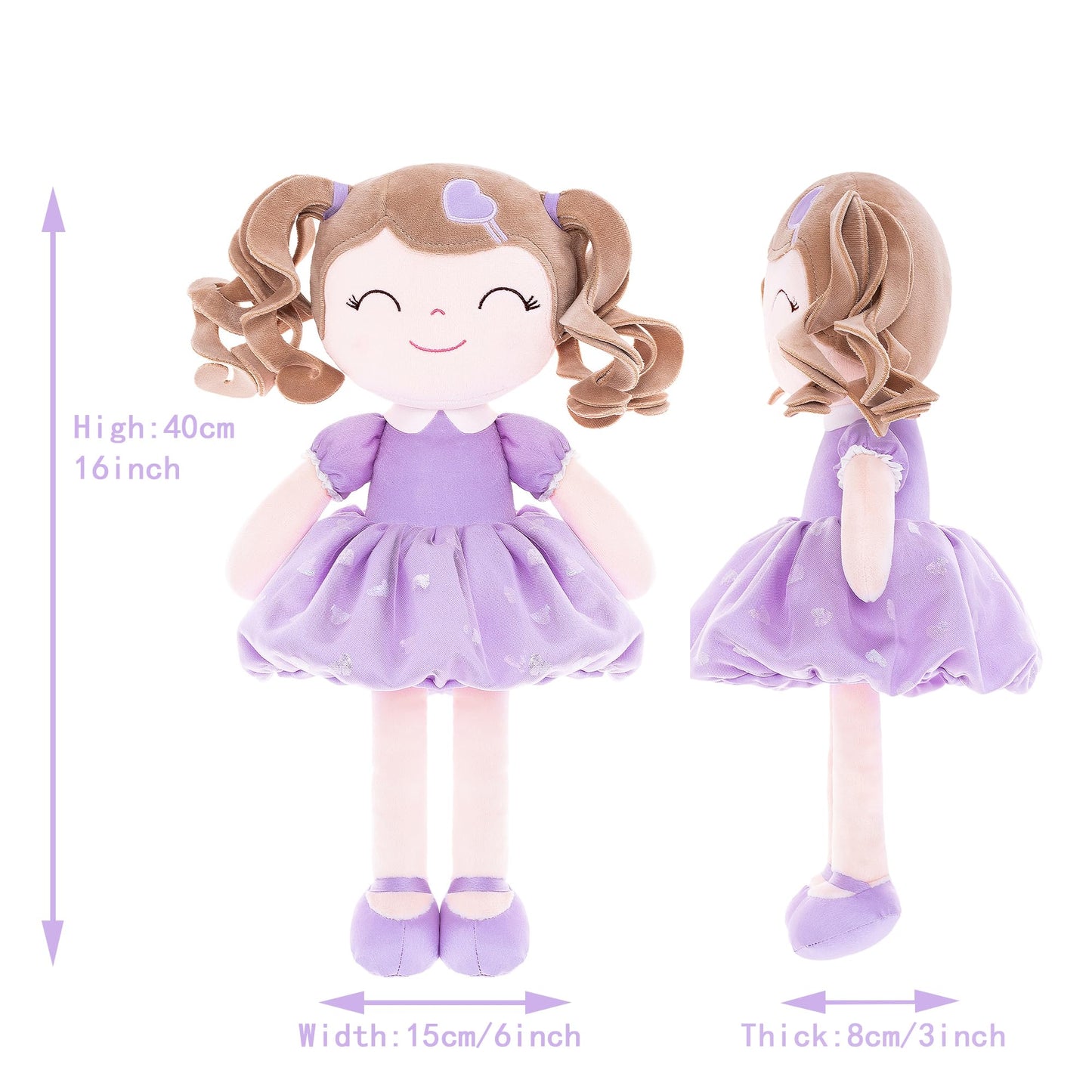 Gloveleya Baby Doll Plush – Curly Hair Girl Toy with Purple Dress (16-inch)