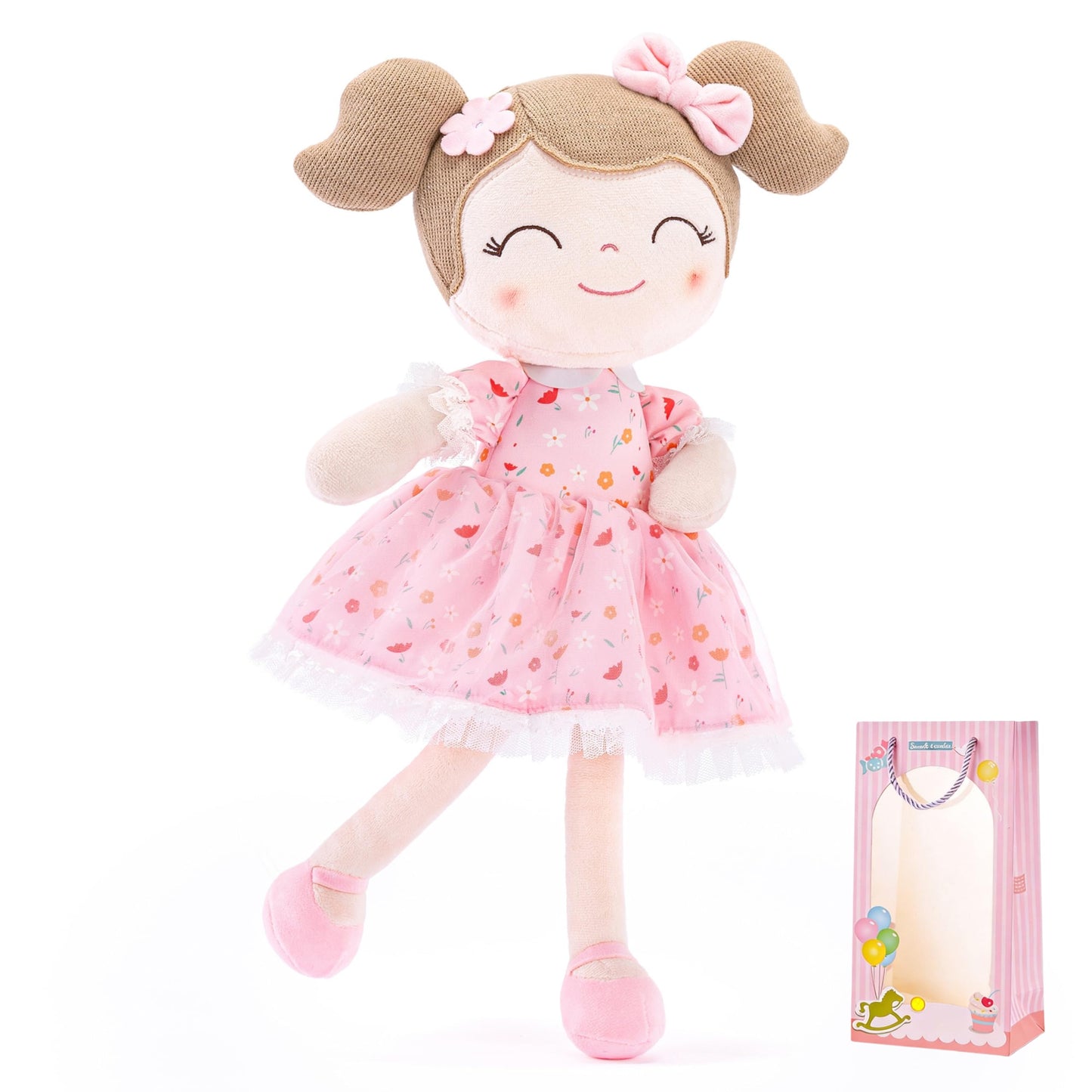 Gloveleya Baby Girl Plush Doll with Gift Bag - Floral Pink, 14in