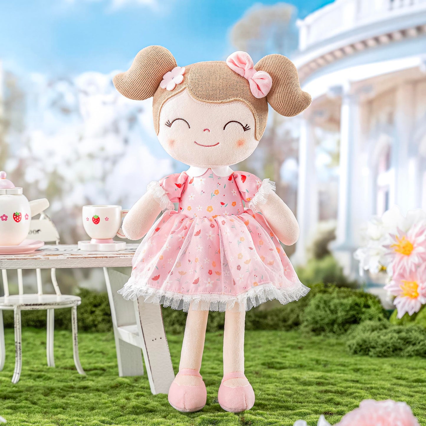 Gloveleya Baby Girl Plush Doll with Gift Bag - Floral Pink, 14in