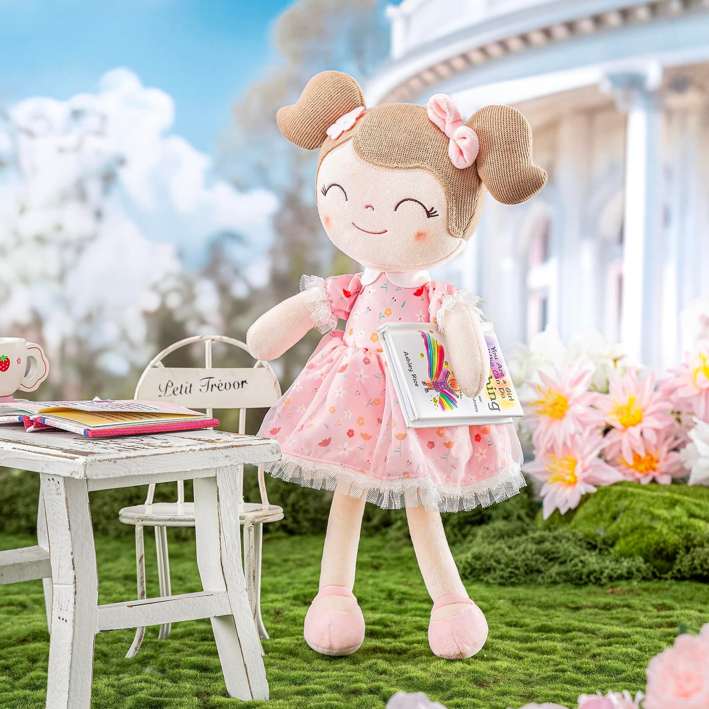 Gloveleya Baby Girl Plush Doll with Gift Bag - Floral Pink, 14in