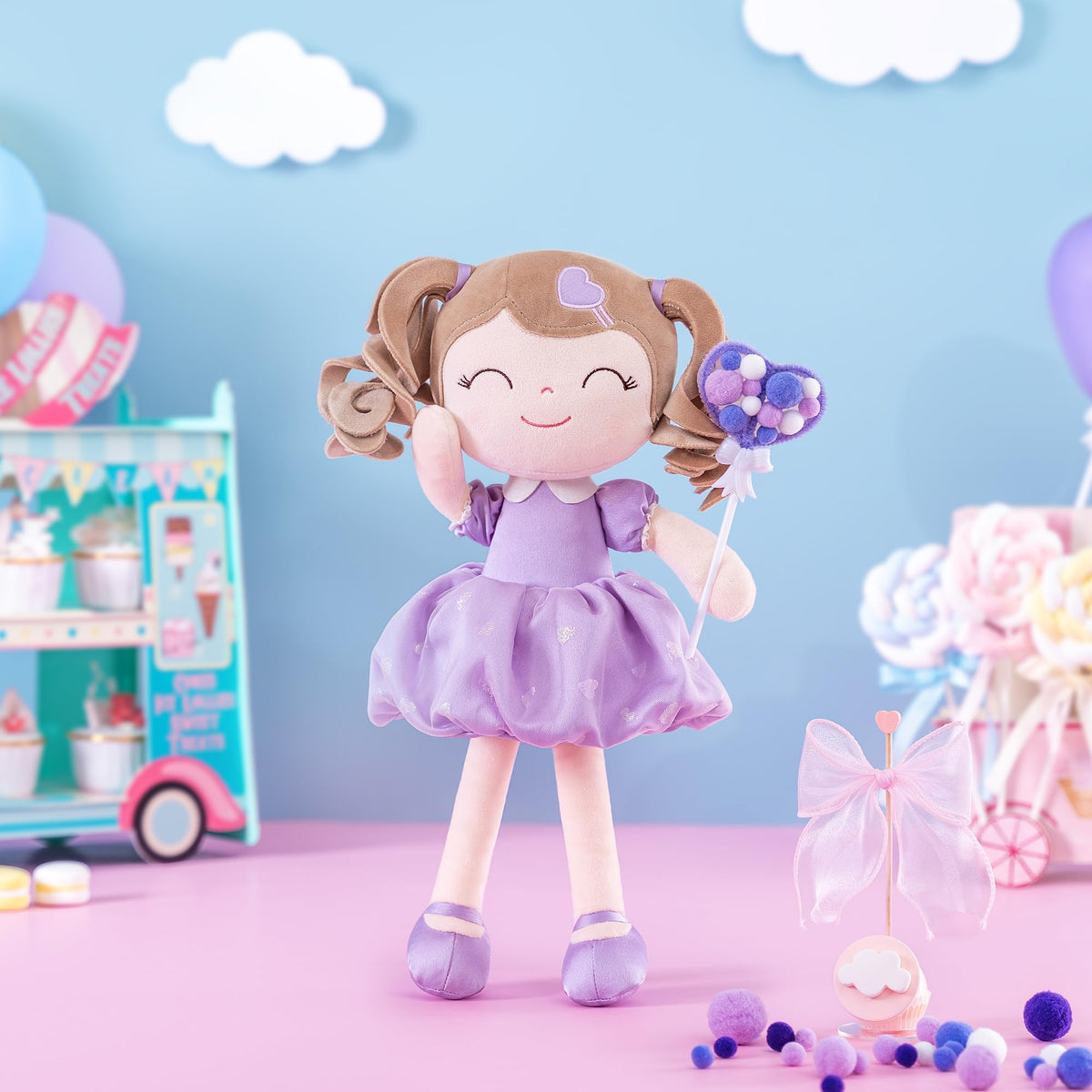 Gloveleya Baby Doll Plush – Curly Hair Girl Toy with Purple Dress (16-inch)