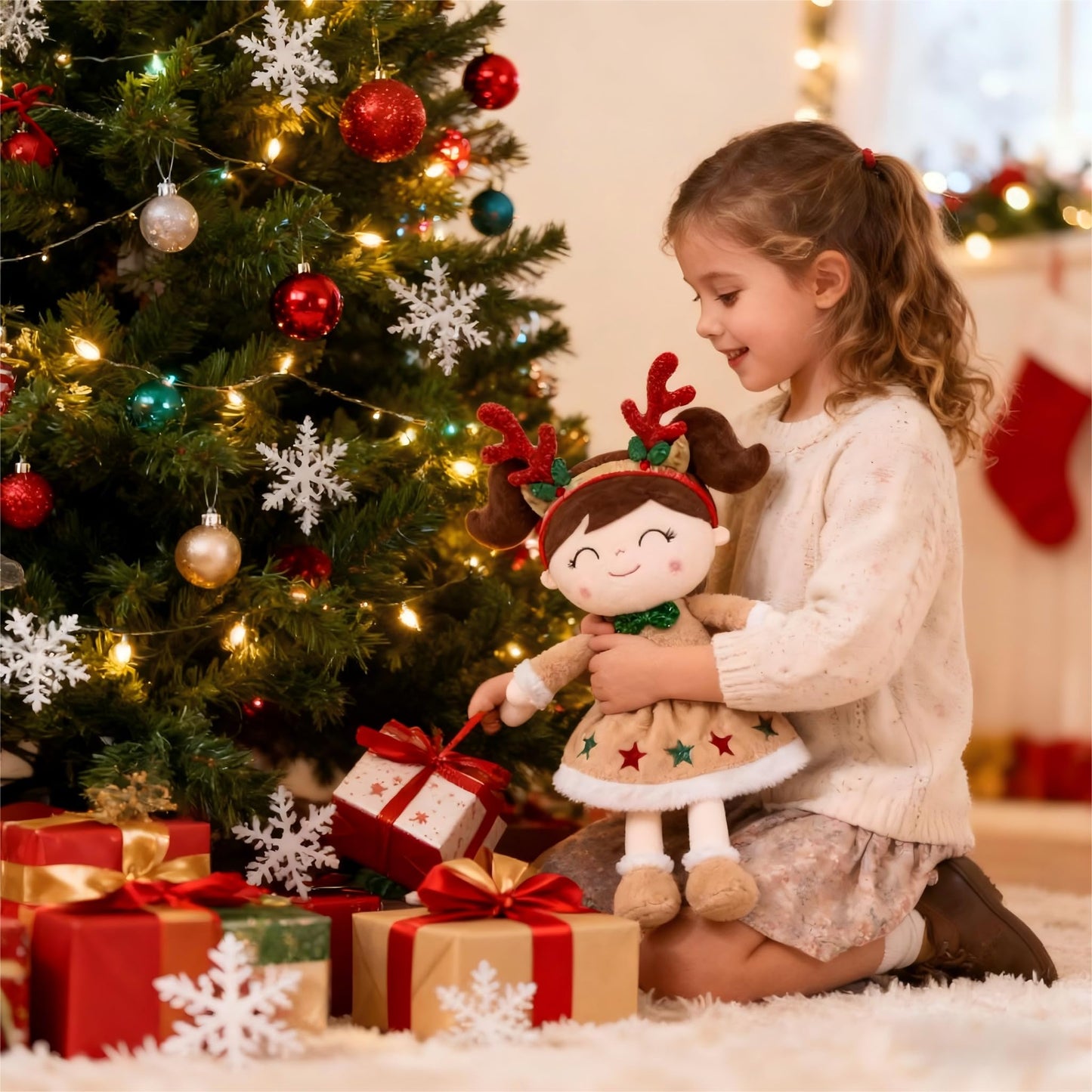 Gloveleya Christmas Reindeer Girl Plush Doll – 16-Inch Soft Plush Toy with Gift Box & Card