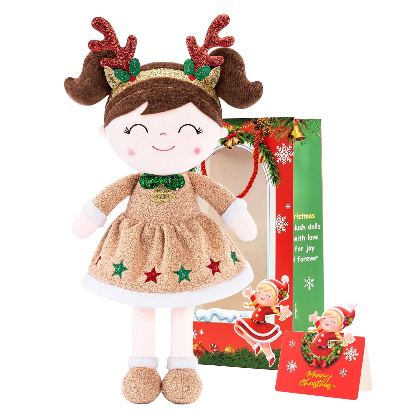 Gloveleya Christmas Reindeer Girl Plush Doll – 16-Inch Soft Plush Toy with Gift Box & Card