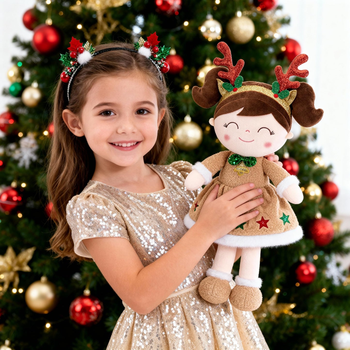 Gloveleya Christmas Reindeer Girl Plush Doll – 16-Inch Soft Plush Toy with Gift Box & Card