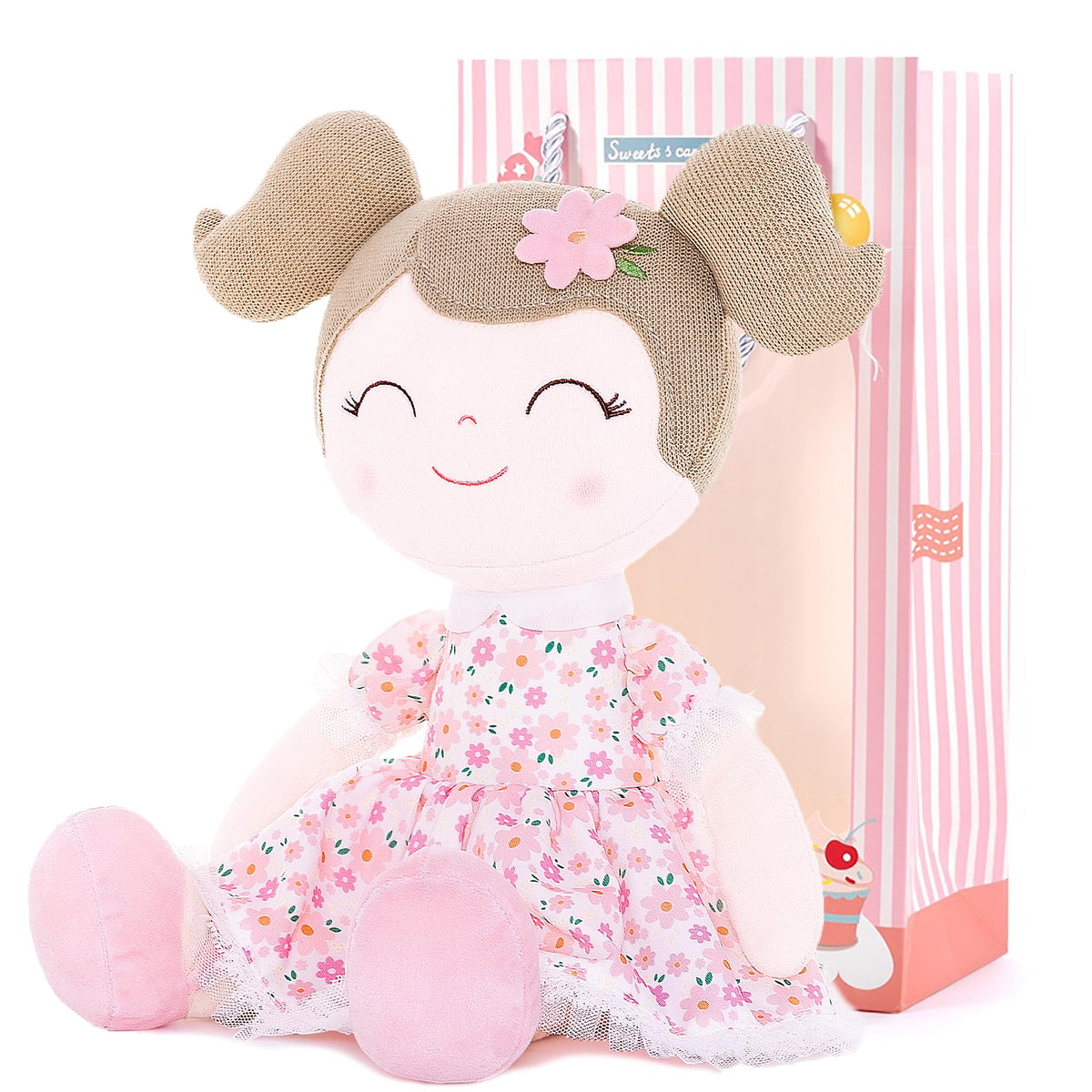 Gloveleya Baby Girl Plush Doll with Gift Box – First Baby Doll Print Purple