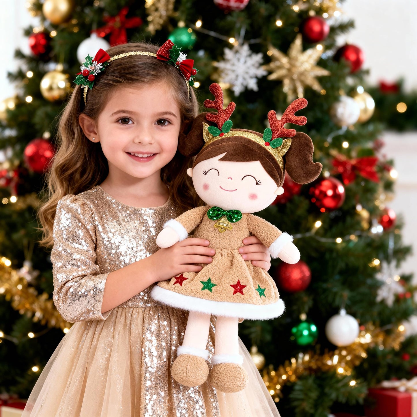 Gloveleya Christmas Reindeer Girl Plush Doll – 16-Inch Soft Plush Toy with Gift Box & Card