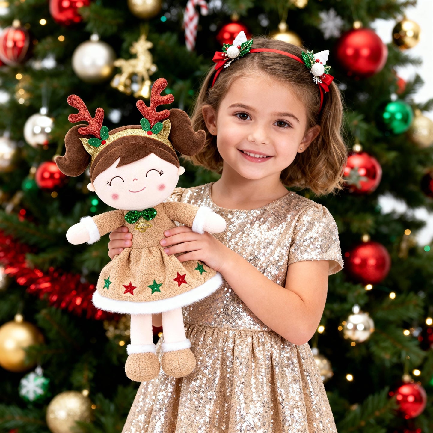Gloveleya Christmas Reindeer Girl Plush Doll – 16-Inch Soft Plush Toy with Gift Box & Card