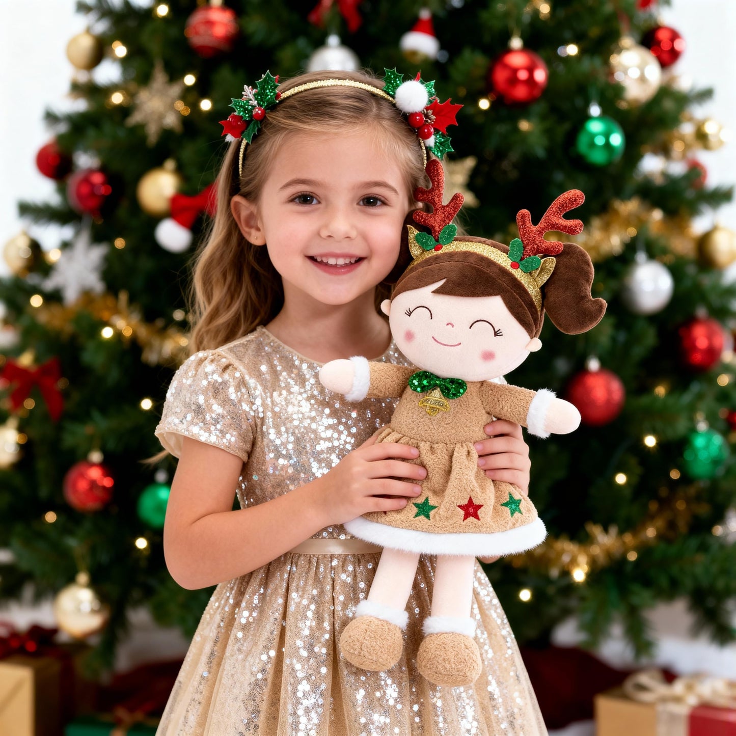 Gloveleya Christmas Reindeer Girl Plush Doll – 16-Inch Soft Plush Toy with Gift Box & Card