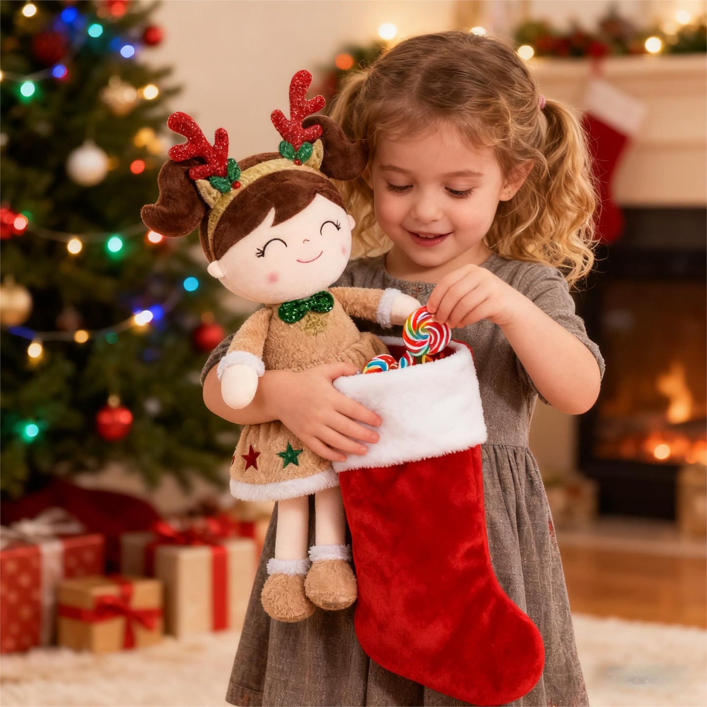 Gloveleya Christmas Reindeer Girl Plush Doll – 16-Inch Soft Plush Toy with Gift Box & Card